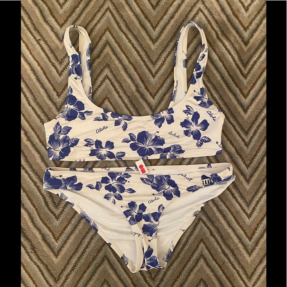 Solid and striped aloha print bikini
